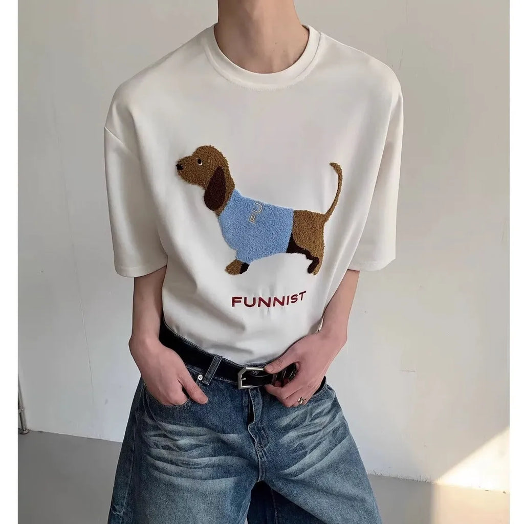 Grey men's cotton T-shirt with embroidered sausage dog and towel design on front.