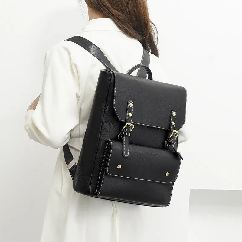 Korean style retro simple backpack in creamy white colour showing front view with zipper details