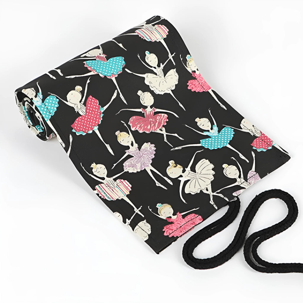 Square canvas pencil case with ballet girl print, showing elastic loops inside for organising pencils.