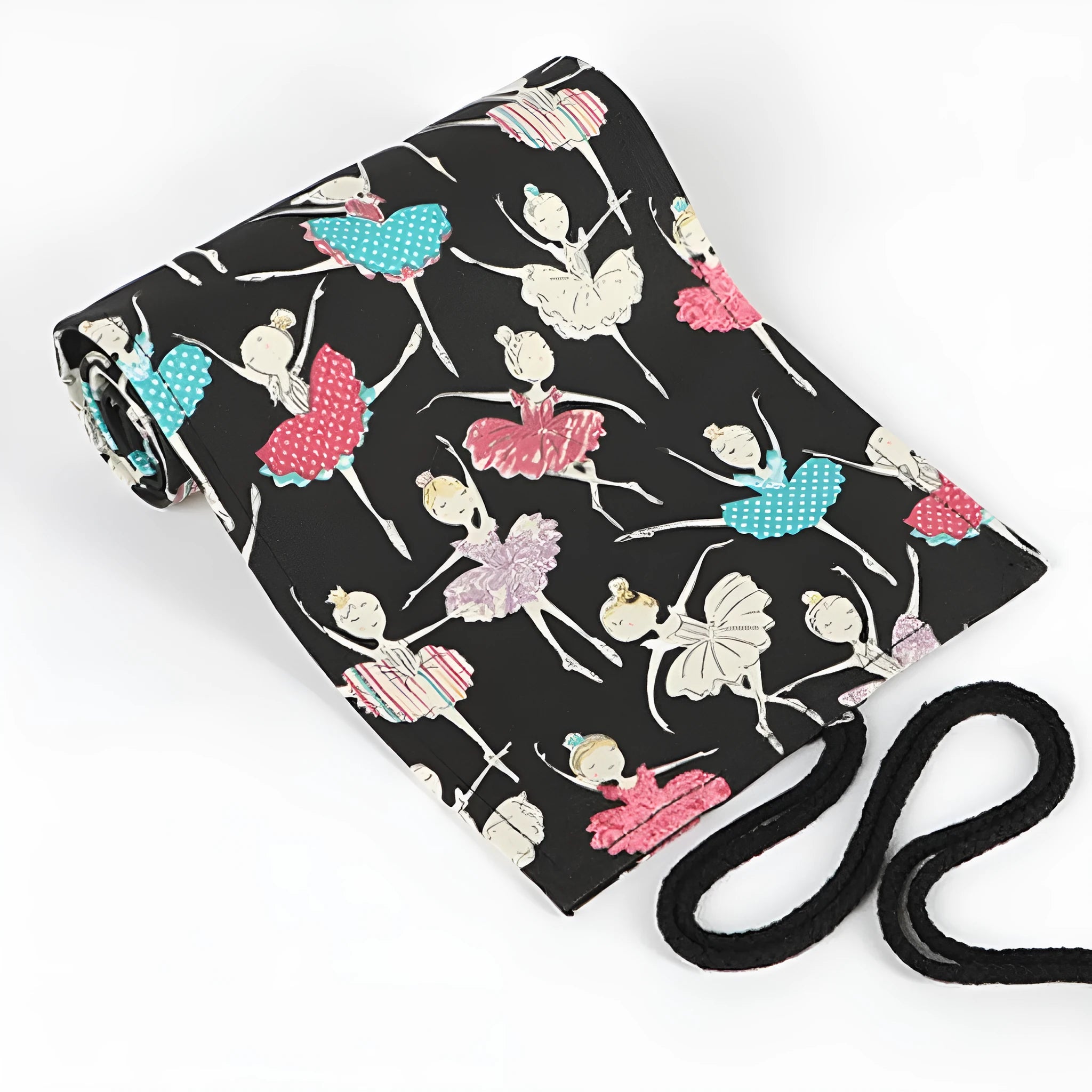Square canvas pencil case with ballet girl print, showing elastic loops inside for organising pencils.