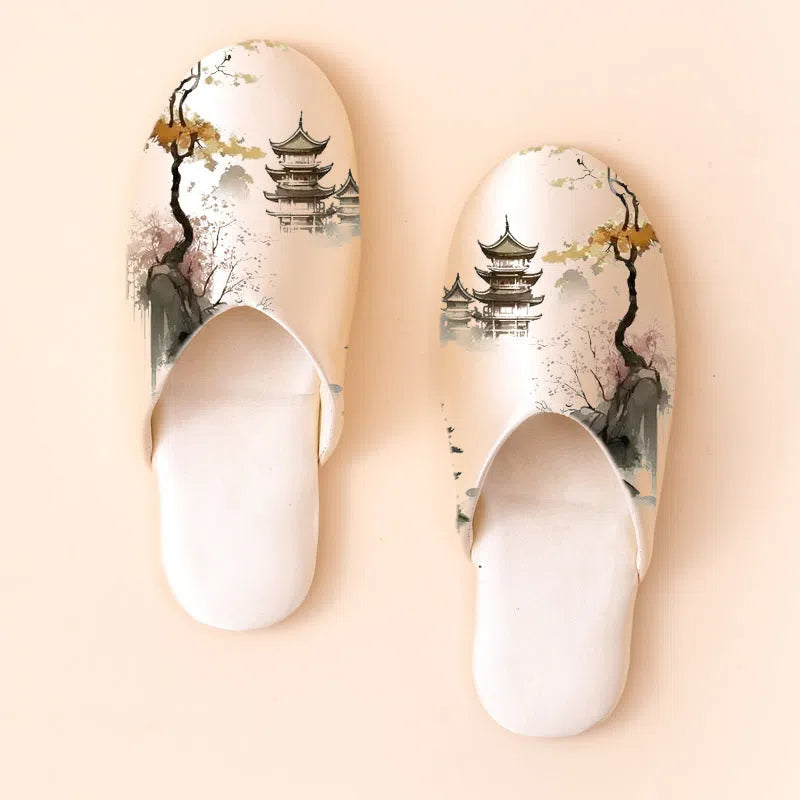 Women's non-slip printed fabric slippers with satin upper and cotton inner, available in multiple sizes and colours