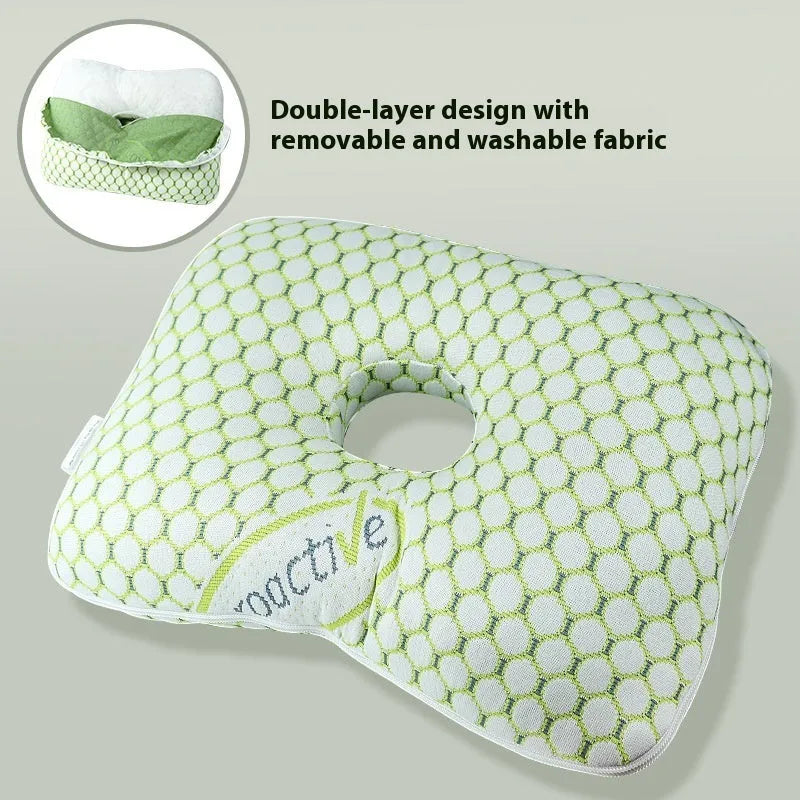 Single-hole ear pillow in plaid grey with detachable cover, shown with dimensions 39cm by 28cm.