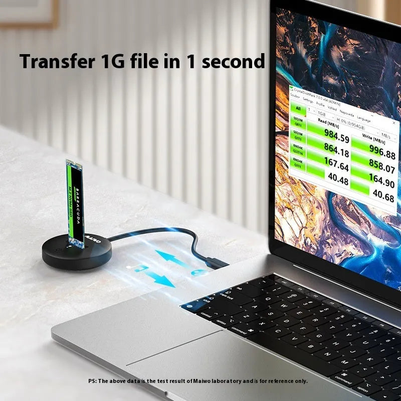 Black external hard drive enclosure with Type-C connector for NVME solid state drives