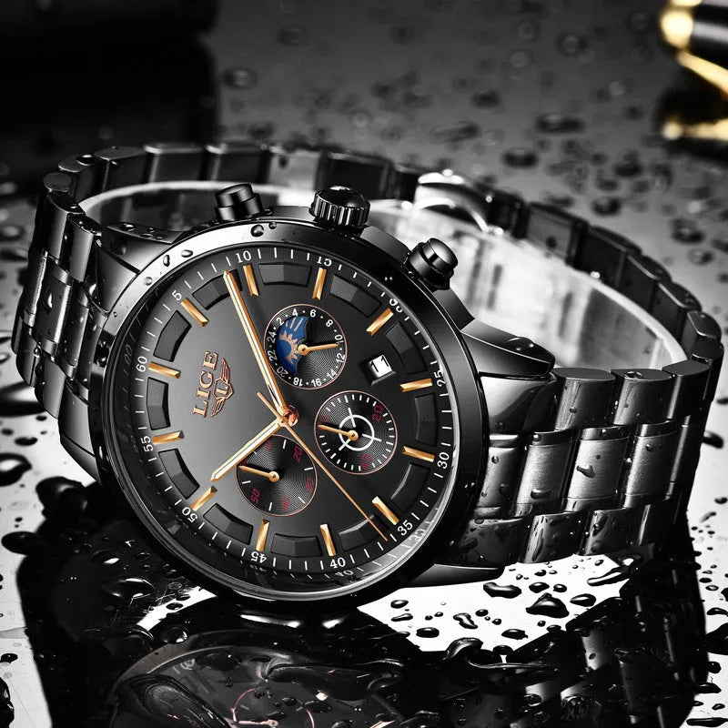 Men's waterproof quartz sports watch showing 12mm thick case in black with rose gold colour combination