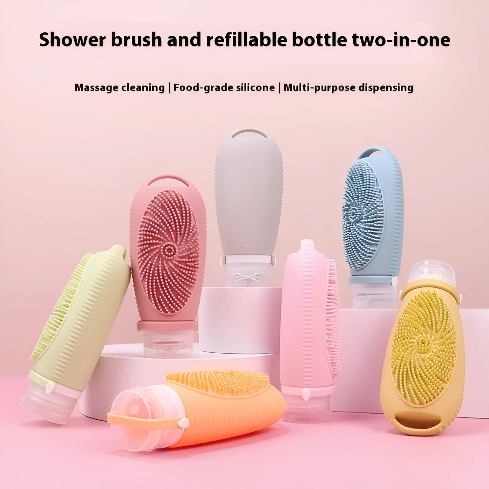 Silicone bath brush storage bottle in eight colour options on a bathroom shelf.
