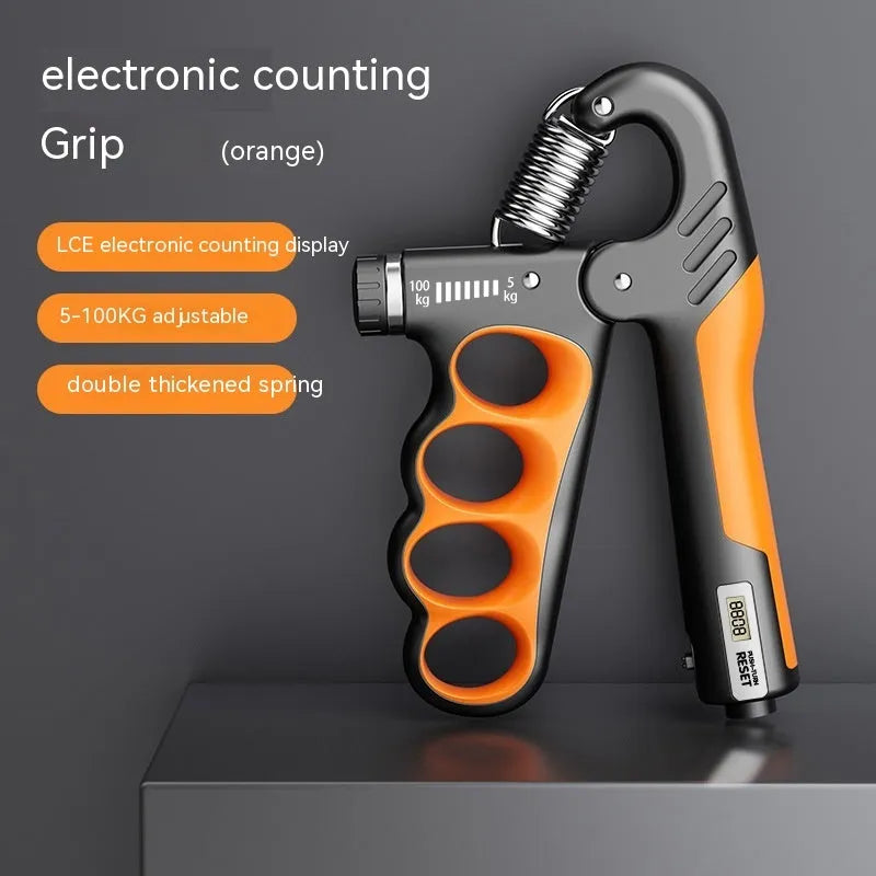 Electronic counter spring grip fitness trainer in orange, red or grey colour