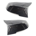 Pair of dark bright black BMW horn-style rear-view mirror replacement shells.