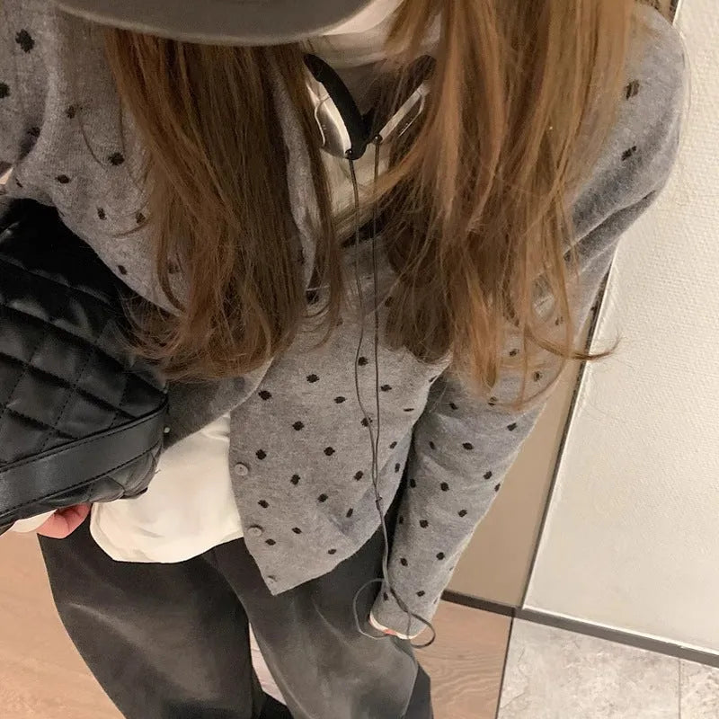 Women's gray dot pattern knitted cardigan with crocheted flowers, loose fit viscose fibre construction