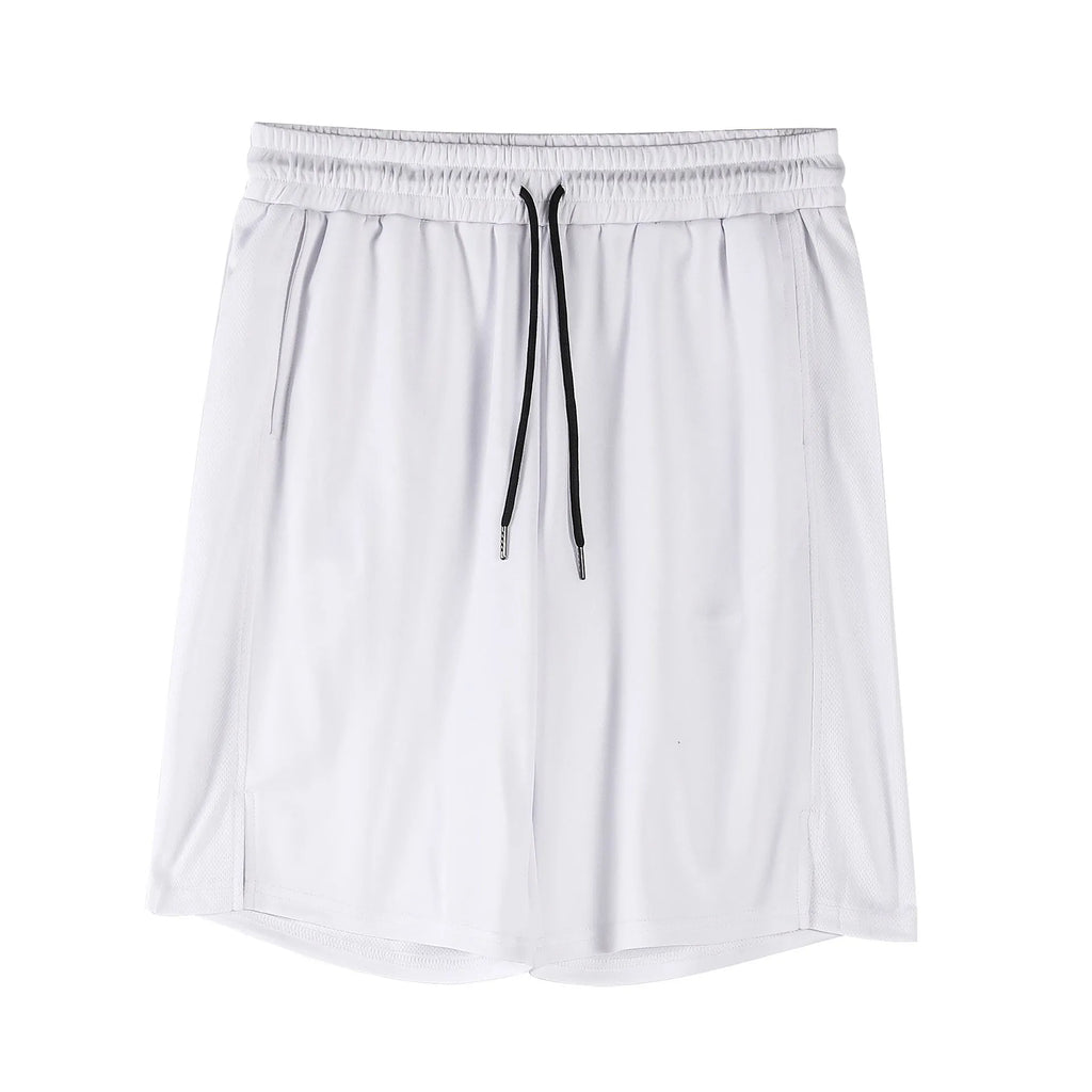 Men's white quick-drying mesh shorts with elastic waist and capri length for summer sports