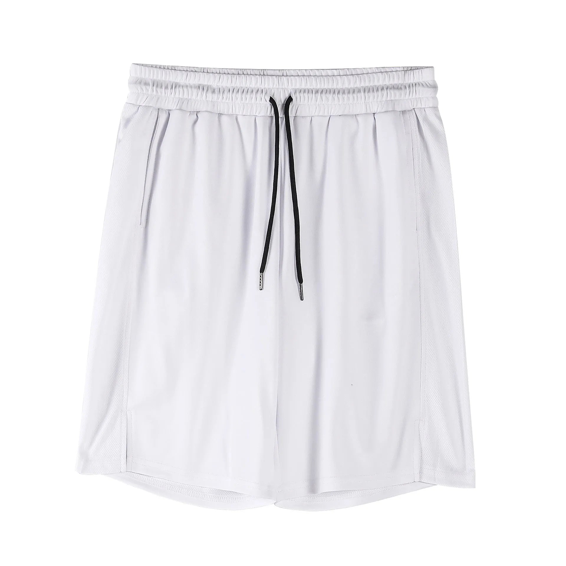 Men's white quick-drying mesh shorts with elastic waist and capri length for summer sports