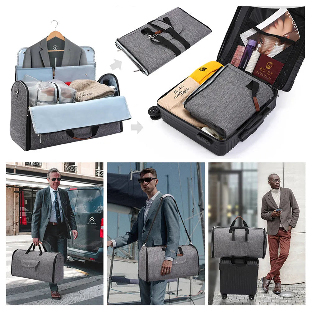Folding duffel bag in dark blue Oxford cloth with a carrying handle, shown partially folded.