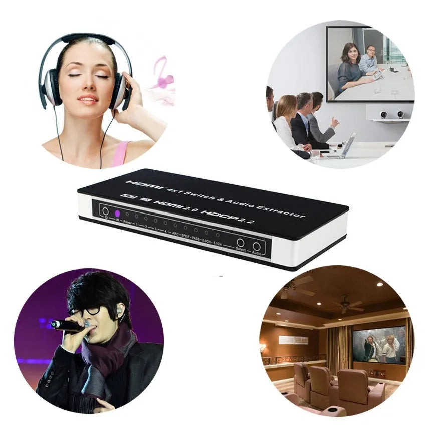 Black HDMI audio switch with 4 inputs and 1 output, remote control included