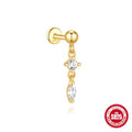 S925 sterling silver water drop earrings with a flat spiral design in a gold tone colour on a white background.