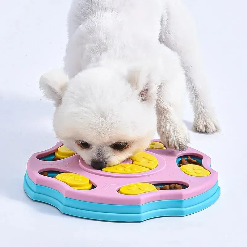 Blue interactive dog puzzle toy bowl with food compartments for slow feeding and brain games.