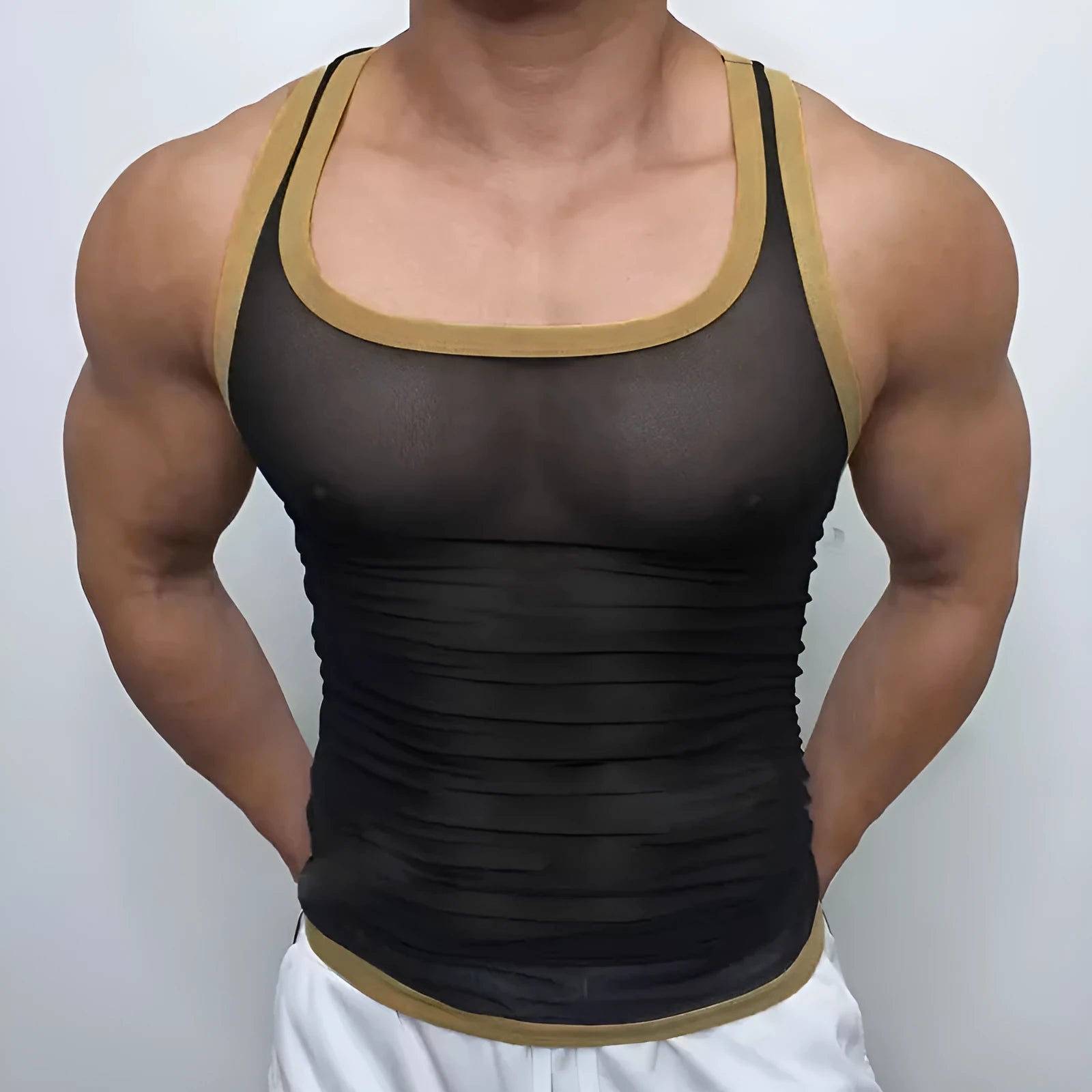 Men's tight-fitting black mesh vest with straight hem for sports and casual wear
