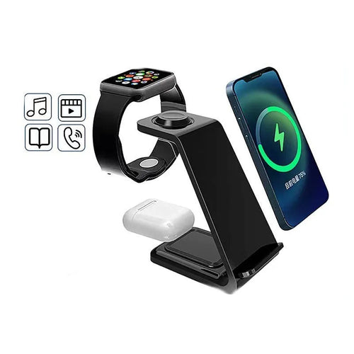 White 3-in-1 upright wireless phone charger stand with dual-coil design and Type-C cable