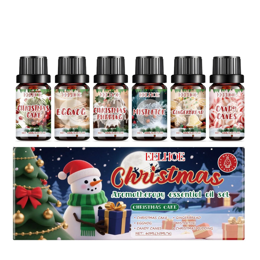 Christmas aromatherapy oil set showing six 60ml bottles with warm home fragrances