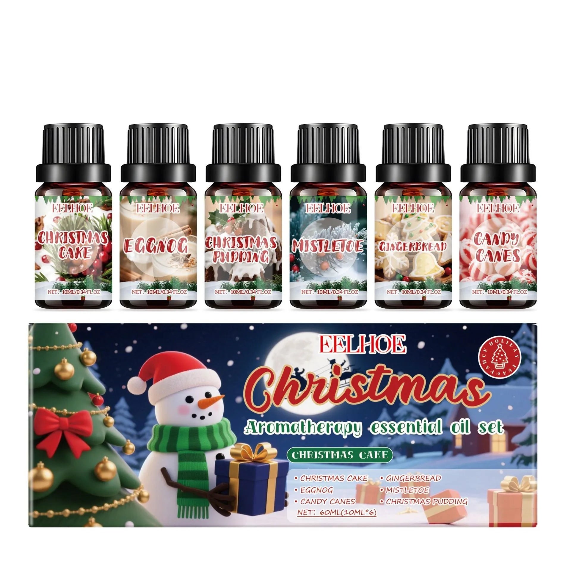 Christmas aromatherapy oil set showing six 60ml bottles with warm home fragrances