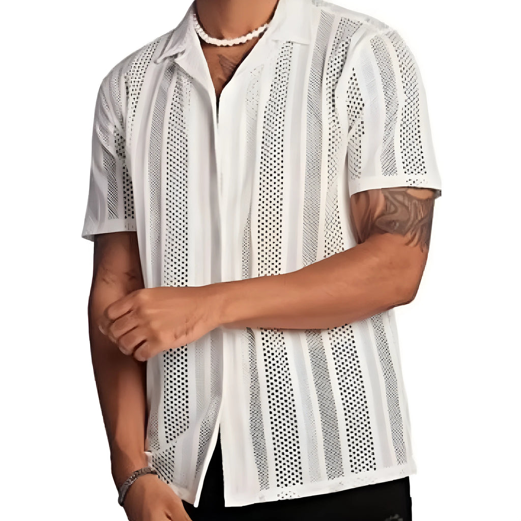 Man modelling a black short-sleeved knitted button shirt with jacquard texture