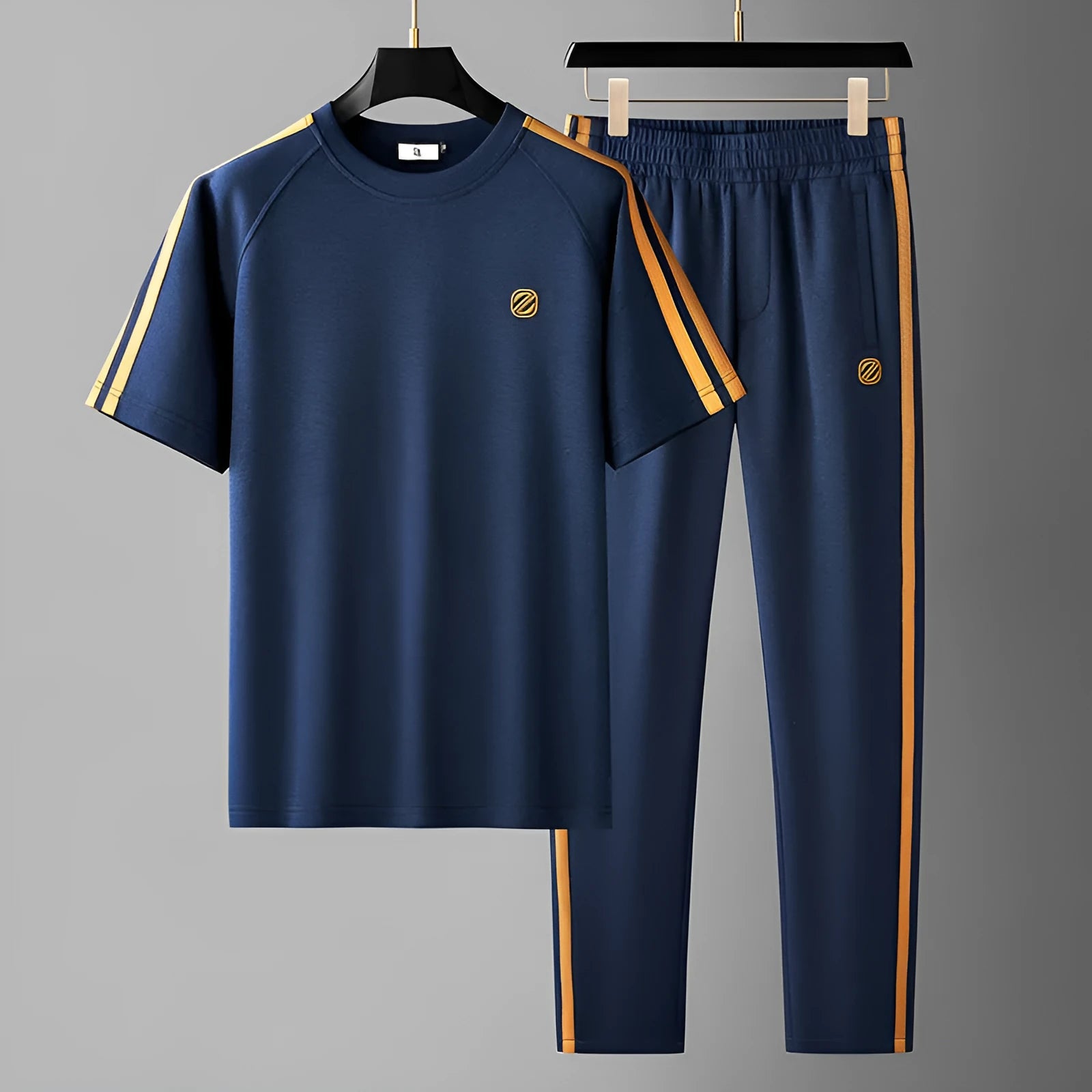 Men's blue short sleeve suit set with ironing-free polyester fabric