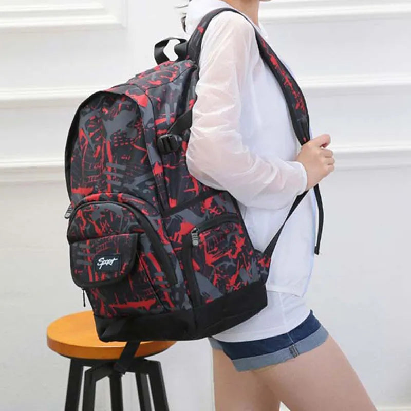 Classic red or blue nylon backpack with large main compartment for school and travel