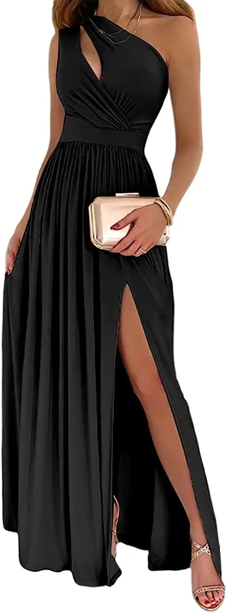 Women's apricot one-shoulder sleeveless maxi dress with high thigh split and cutout detail on mannequin.