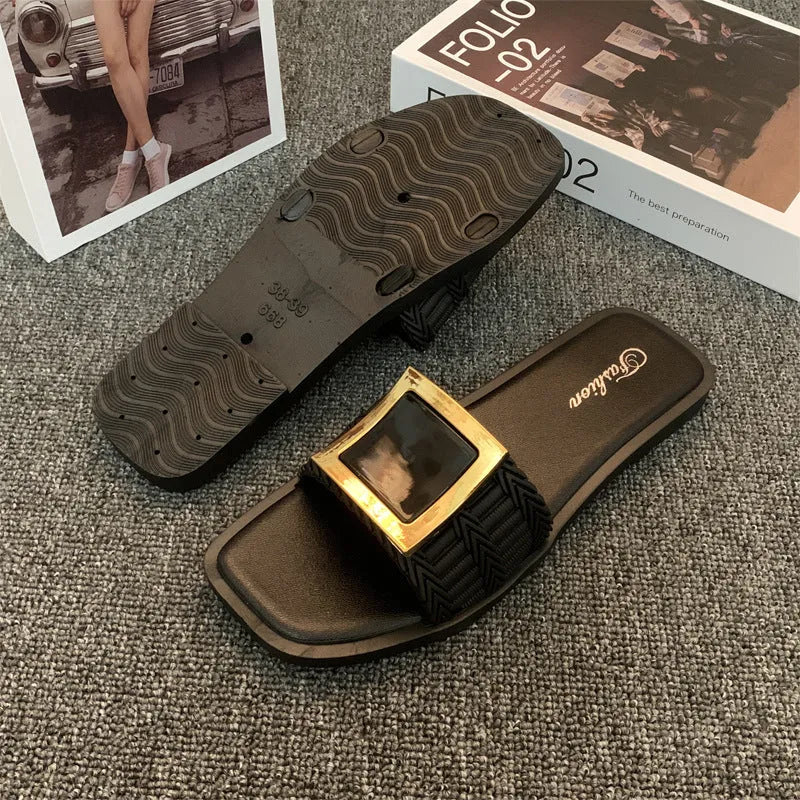 Women's flat summer slippers in apricot, black or khaki with PVC soles