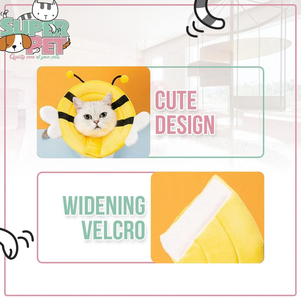 Soft cat cone collar with black and yellow bee design and Velcro strap.