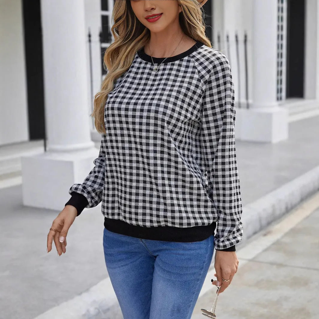 Black Japanese sweet plaid pullover long sleeve sweater with striped pattern on polyester fabric