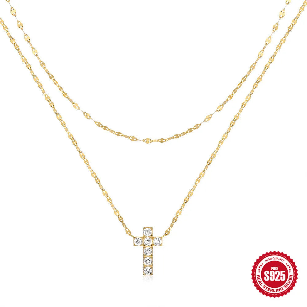 Sterling silver double layer twin diamond cross pendant necklace with geometric design