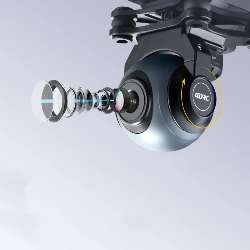 Plastic quadrocopter drone with four rotors and GPS antenna, shown with handle remote controller and spare blades