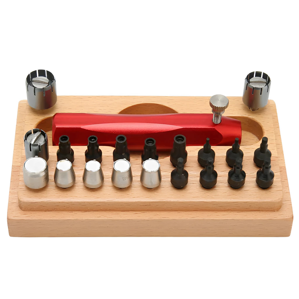 Set of 20 steel watch repair extracting tubes in a storage case for barrel opening and movement repairs