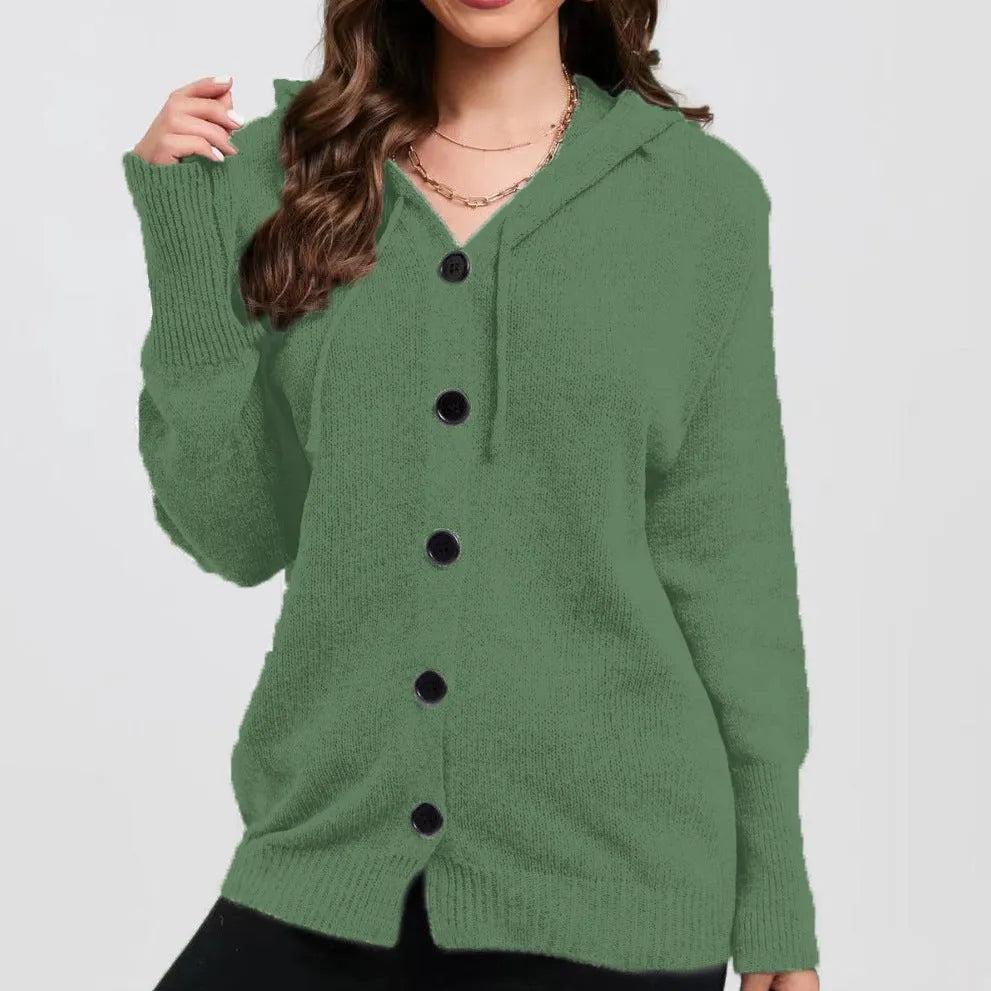 Women's solid colour hooded cardigan sweater in thick cotton with 3D pattern