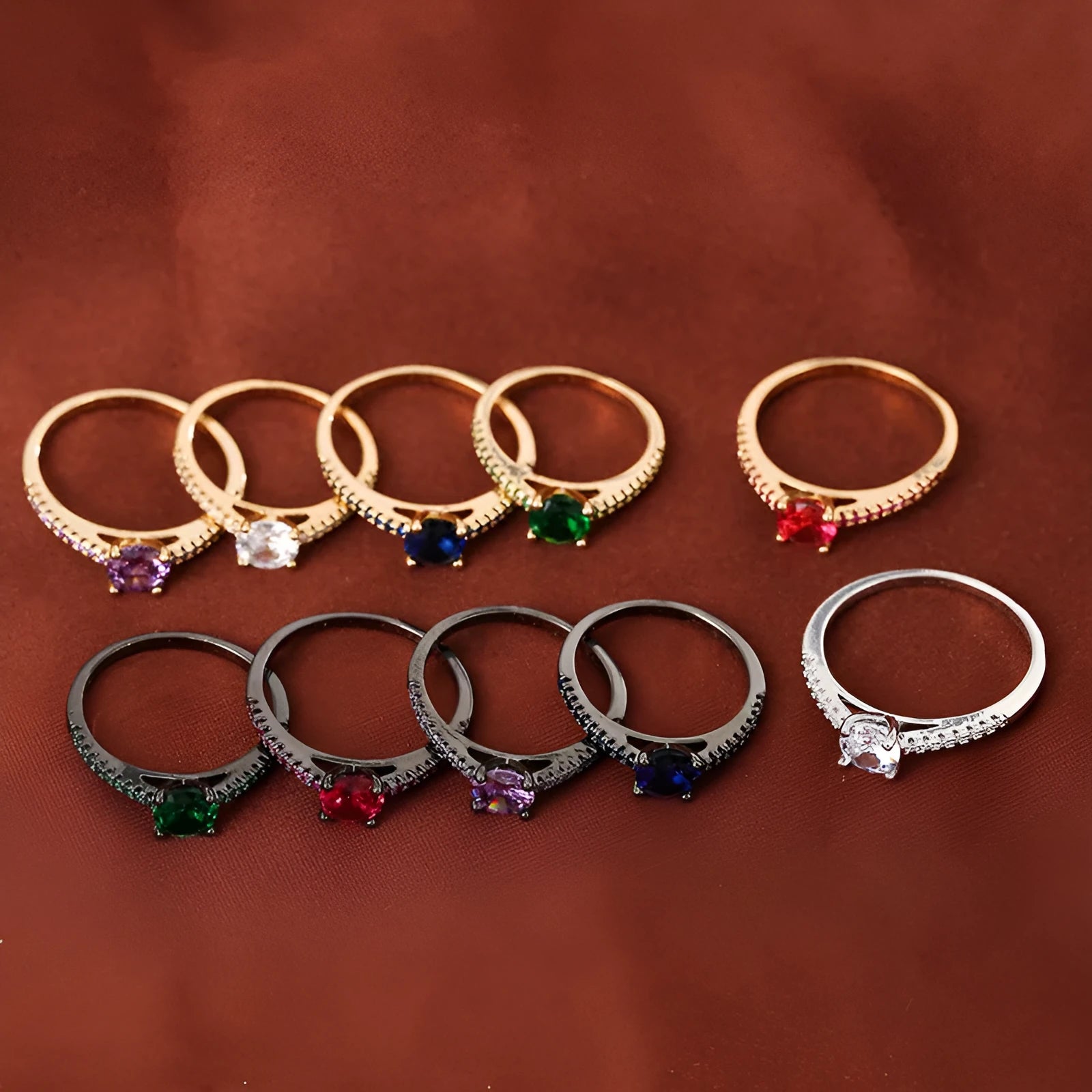 Hexagonal geometric zircon ring in copper with electroplated finish showing angular design and zircon stone