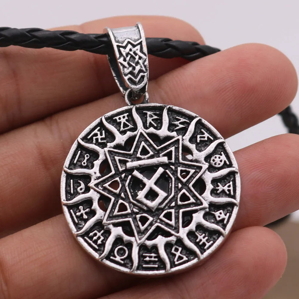 Lunavin necklace with Nordic text pendant in antique silver or bronze on adjustable leather rope or snake bones chain