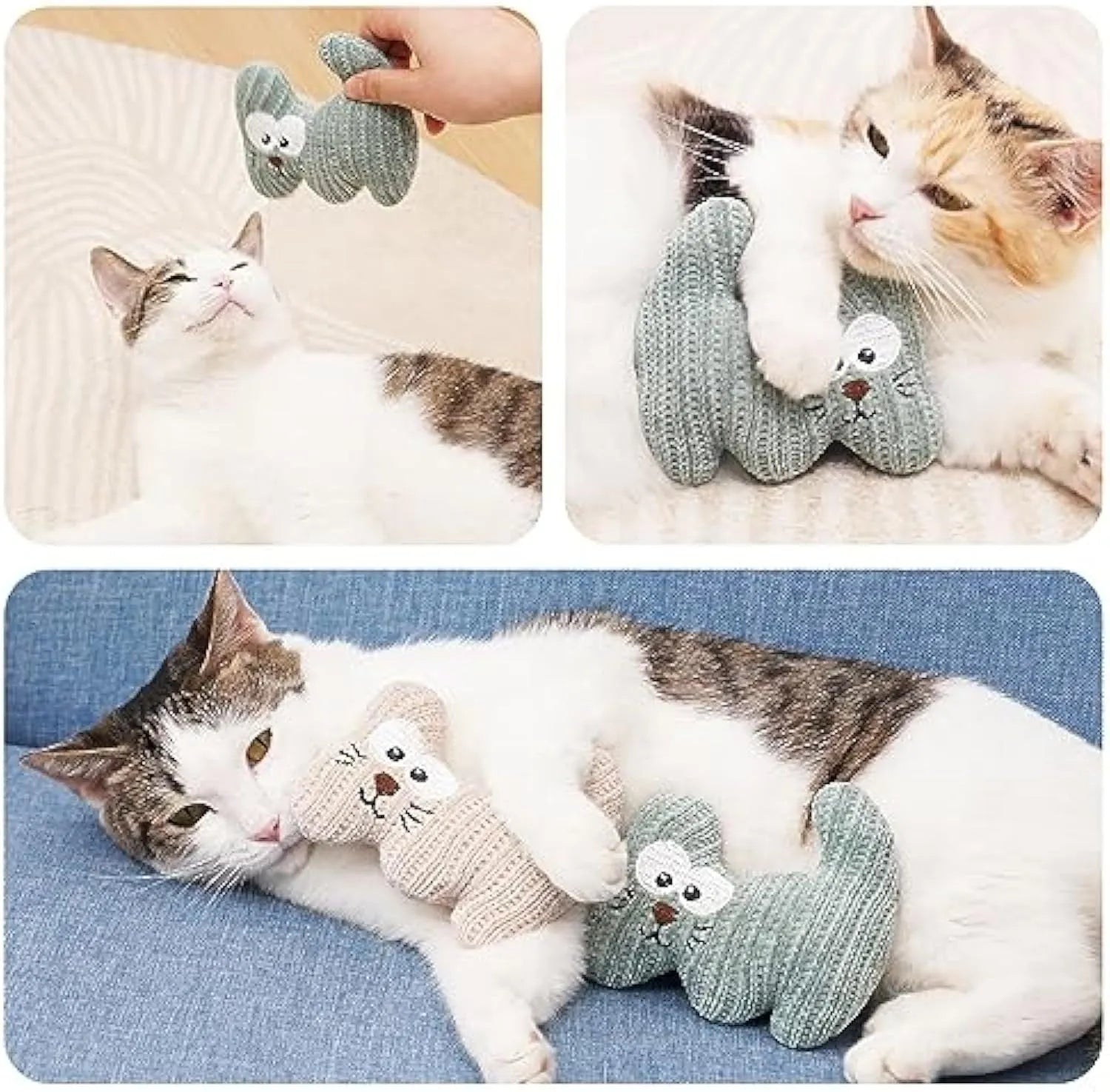 Cyan knitted plush cat toy with bell measuring 12cm by 11cm for cats to chew and play with
