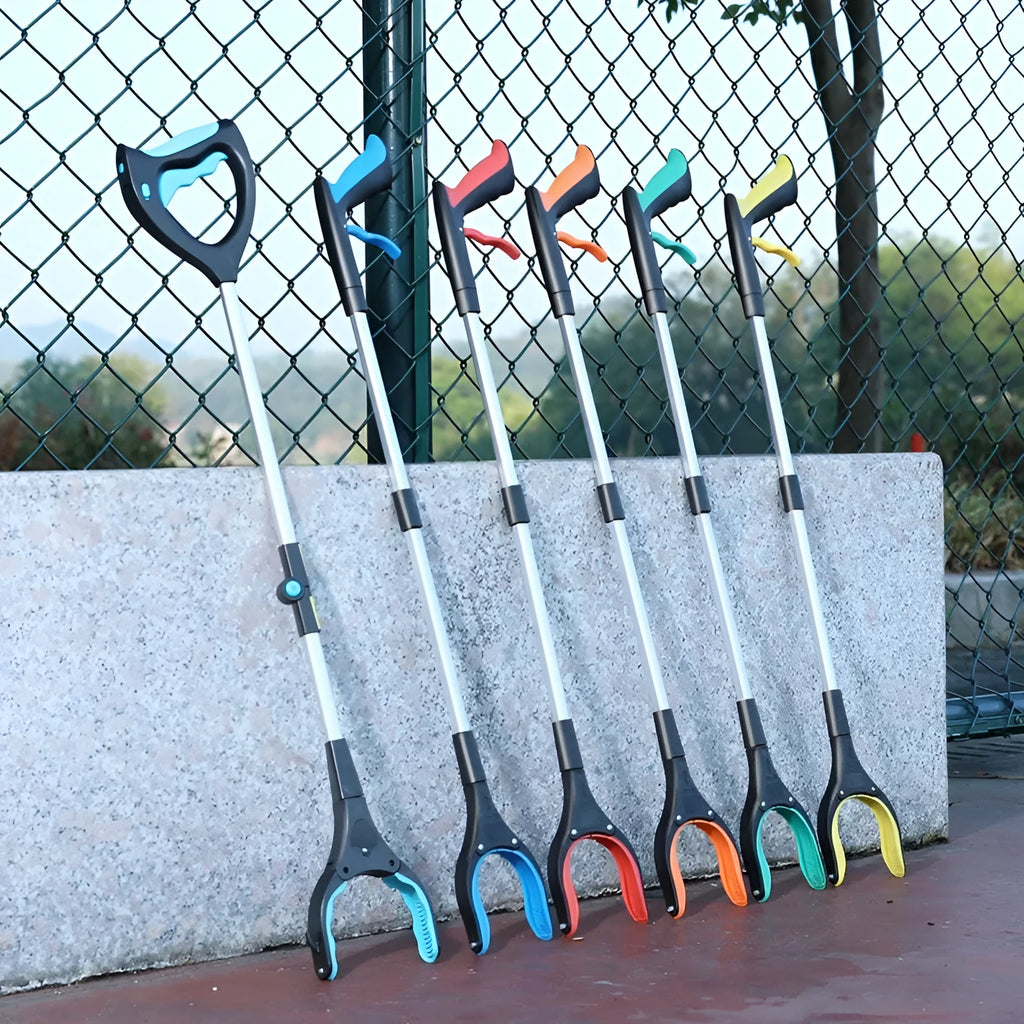 Blue plastic and aluminium alloy folding trash clip for securing a rubbish bag.