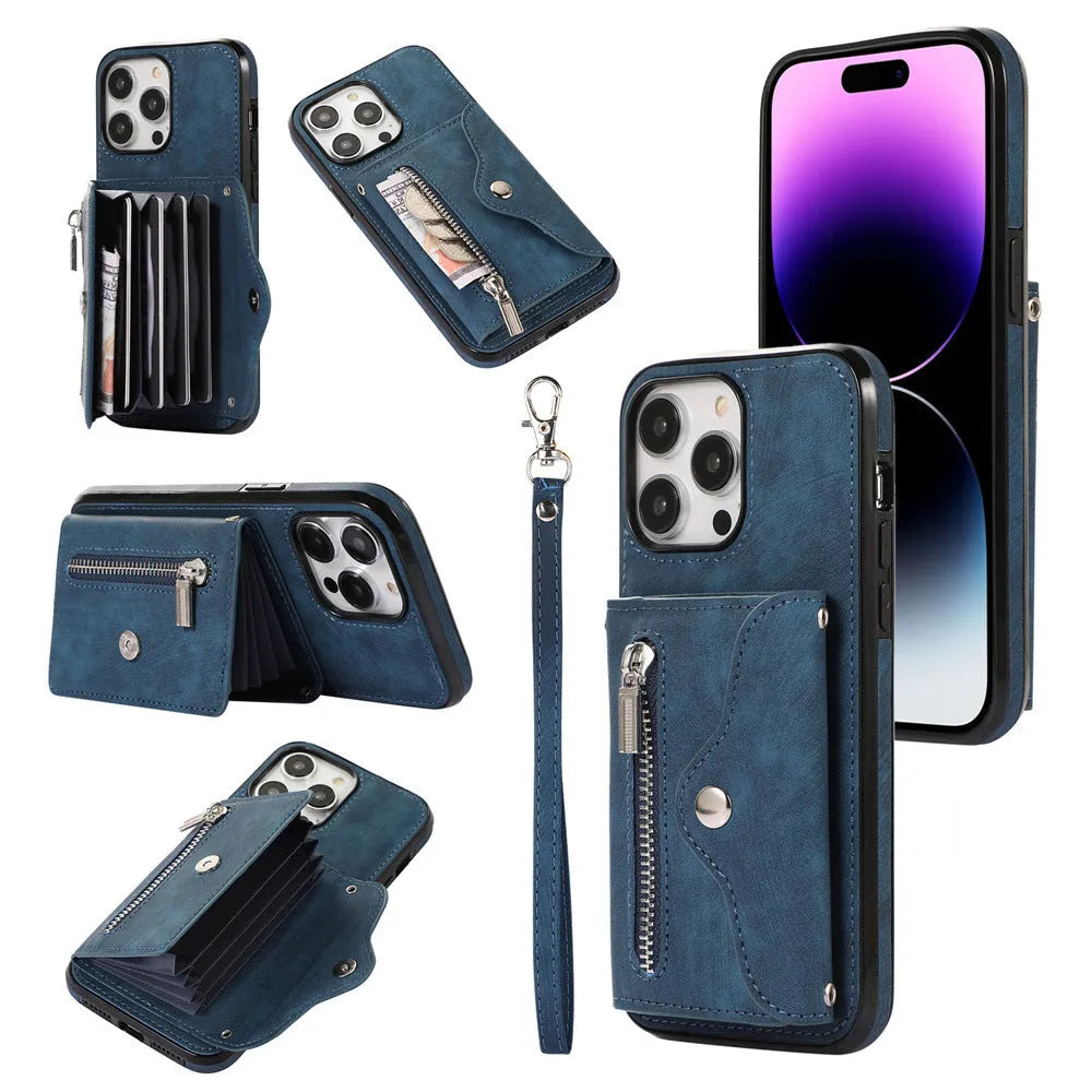 Blue phone case crossbody sleeve with card holder and short rope strap