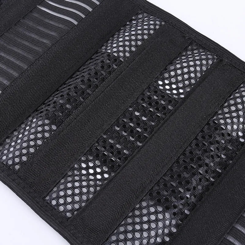 Black sports waist support belt with steel plate for decompression, shown on a model.