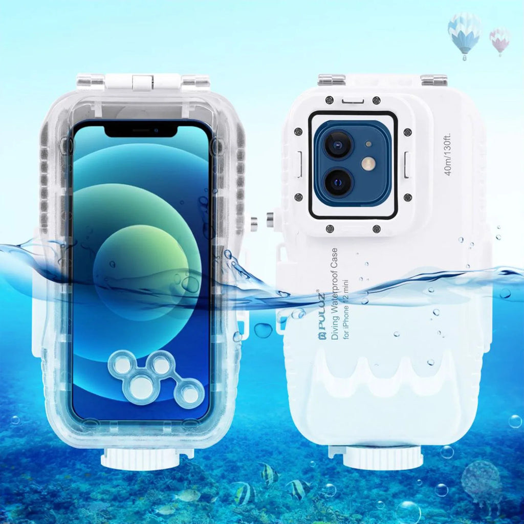 White waterproof diving phone case with 40 metre depth rating for iPhone 12 and 13 series
