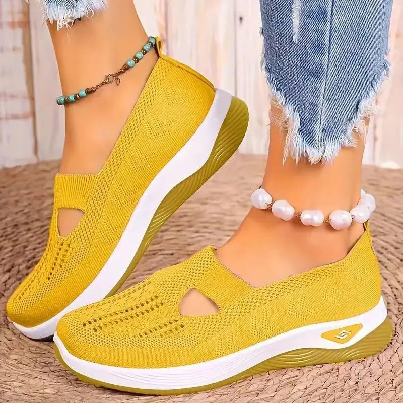 Women's casual flat shoes with mesh upper and T-strap in multiple colours