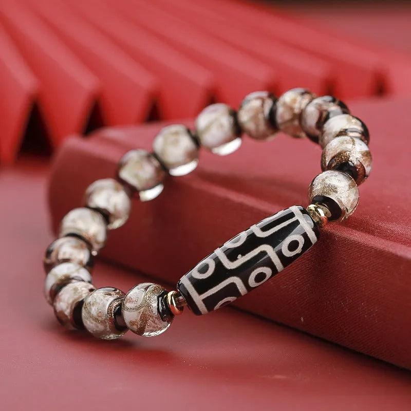 Colourful Chinese style coloured glaze bracelet with auspicious patterns, showing bead size options.