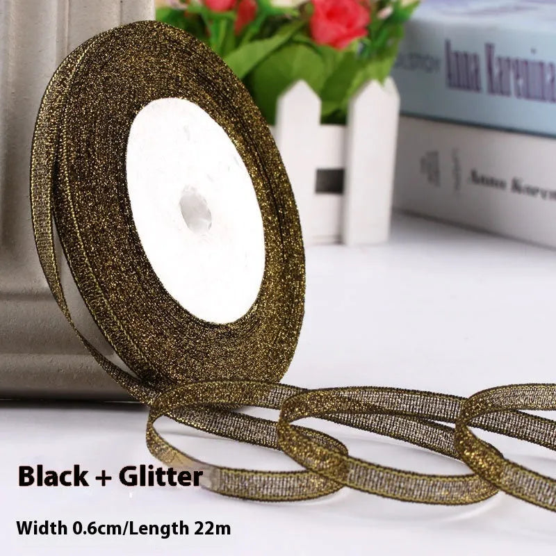 Roll of narrow 0.6cm wide polyester decorative ribbon in multiple colour options including metallic finishes