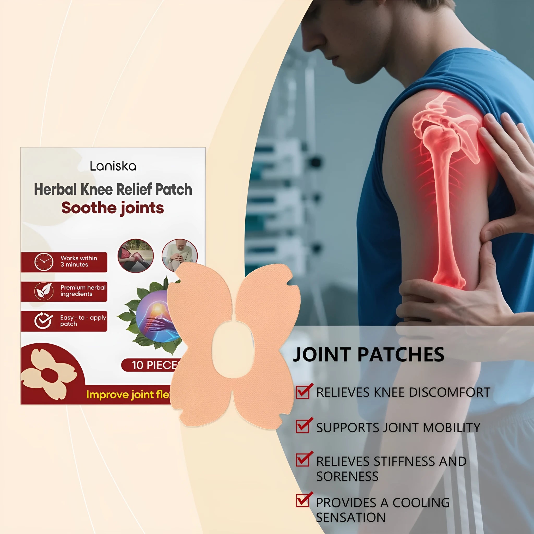 LANISKA herbal moxa leaf and menthol joint care adhesive bandage pack containing 10 pieces.