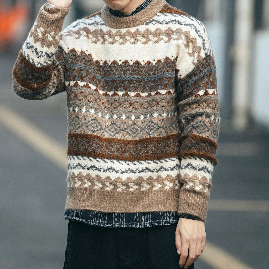 Brown polyester fibre mens pullover sweater with printed design and round neck on model