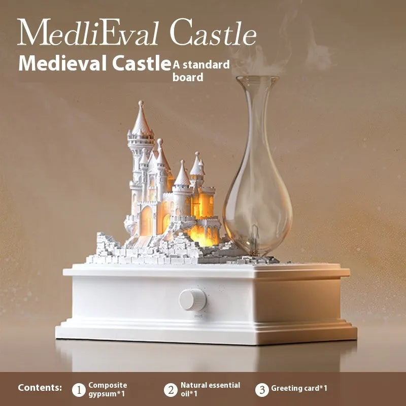 White medieval castle-shaped waterless aromatherapy machine with ambient light on a table.