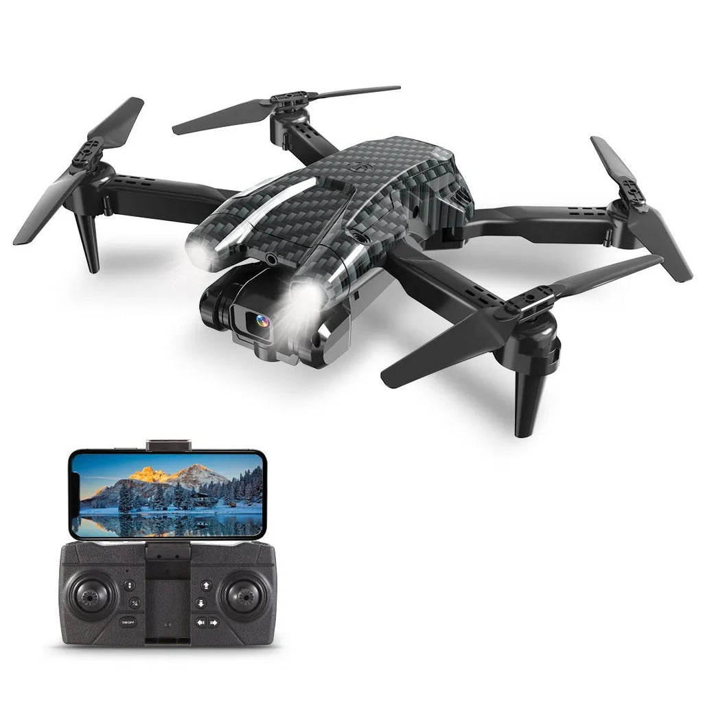 Black S138 carbon fibre appearance folding UAV drone with dual cameras for obstacle avoidance aerial photography.