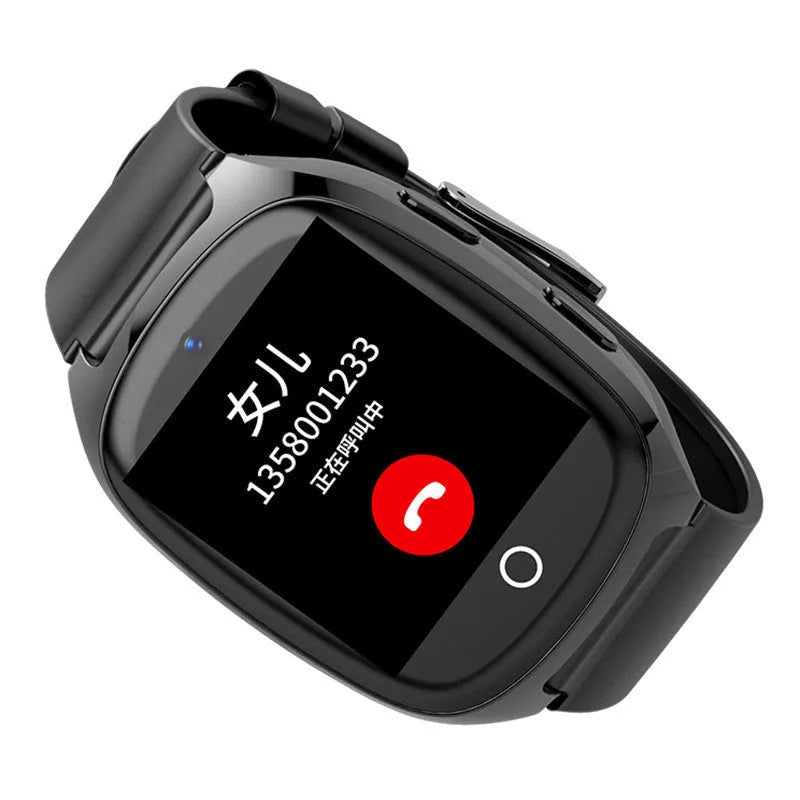 Black GPS tracker smartwatch with 1.54-inch touch screen displaying health metrics and SOS function