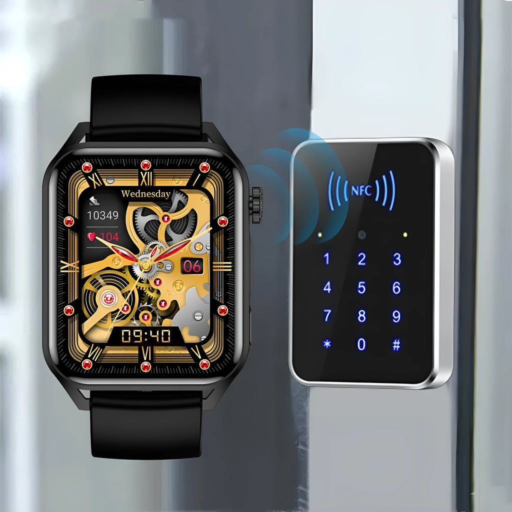 Smart watch with AMOLED screen showing multiple watch faces, NFC symbol visible, magnetic charger attached
