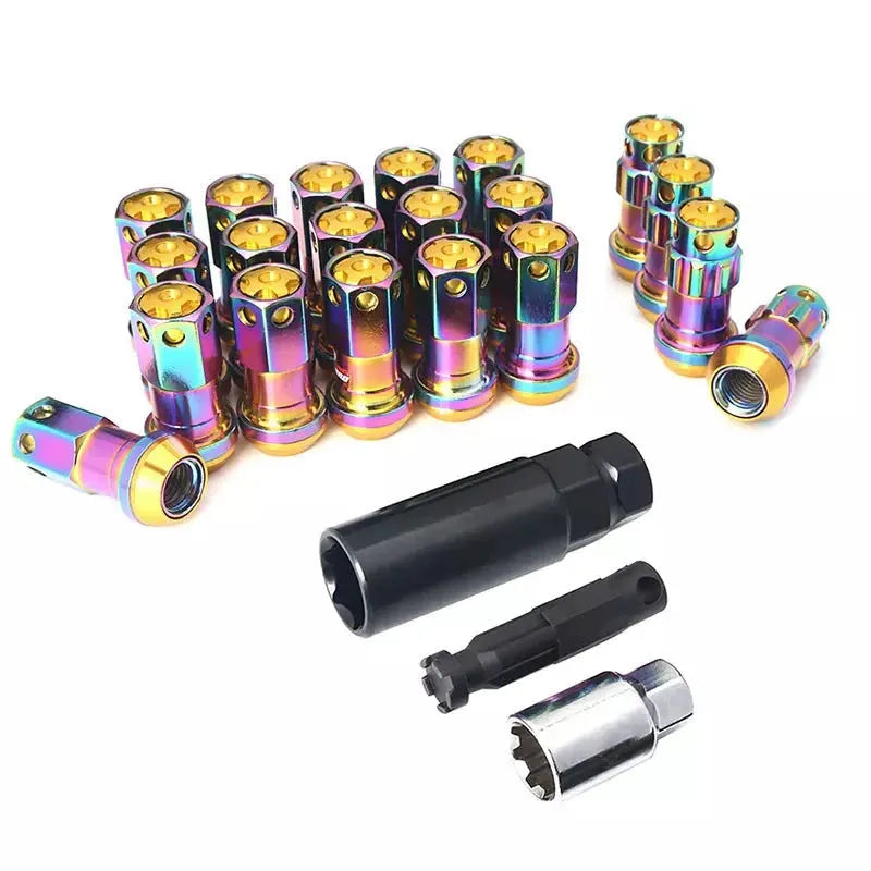 Set of flat head aluminium alloy wheel nuts in red, gold, blue, purple, and black colour variants.